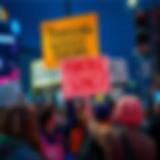 A group of diverse people holding signs opposing BASIA, emphasizing the importance of open-source AI and tech innovation.