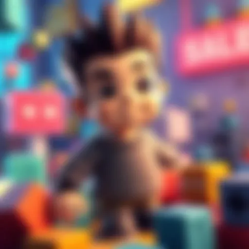 A retro video game character in a pixelated style, surrounded by nostalgic game elements like 3D blocks and colorful backgrounds.