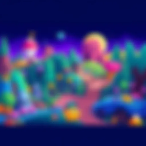 A colorful pixelated scene from an indie game featuring retro PSX graphics, with characters exploring a vibrant landscape filled with whimsical creatures and playful environments.