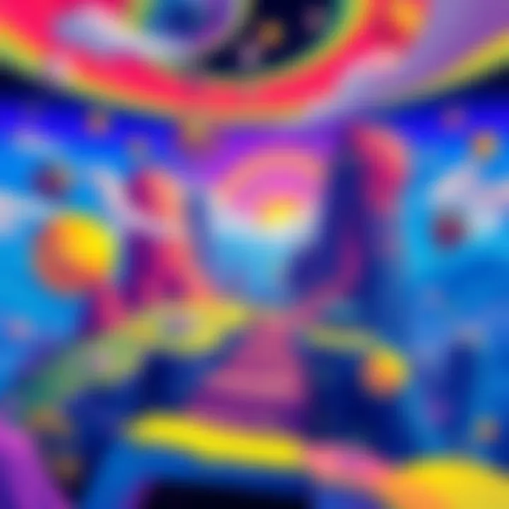 Cover illustration showing a surreal landscape with vibrant colors, featuring abstract shapes and characters inspired by psychedelic themes, representing the adventure of the game.