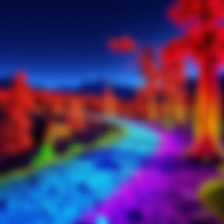 A vibrant hiking video still showcasing colorful psychedelic effects with trees and mountains in the background