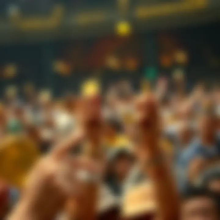 A crowd holding gold coins and jewelry, expressing their demand for gold in the market.