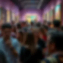 Public Reactions to AI Images A crowded gallery showcasing AI-generated artwork with people reacting negatively, some showing disappointment and others discussing among themselves.