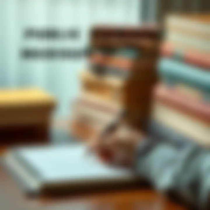 A person writing on a notepad with classic books stacked nearby, representing contributions to public domain media.