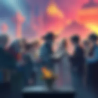 An illustration showing various classic literary characters from public domain works interacting in a shared space