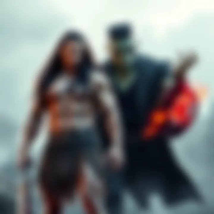 Tarzan and Frankenstein's Monster stand together, showcasing their strengths among modern Marvel heroes in a dynamic pose.
