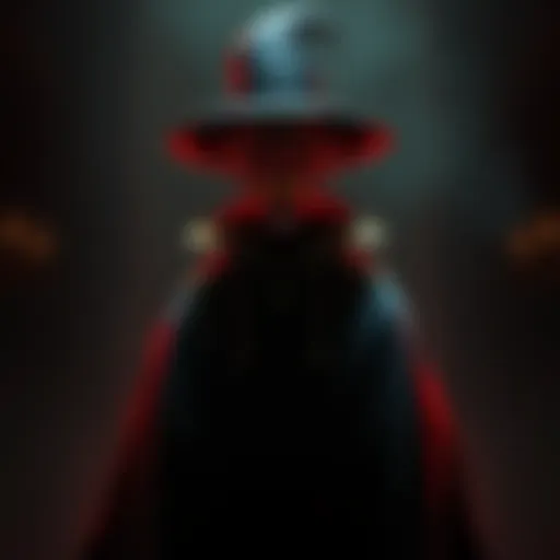 A dark and twisted character with a sinister smile, wearing a long cloak and a hat, standing in a shadowy background that reflects their vile nature.