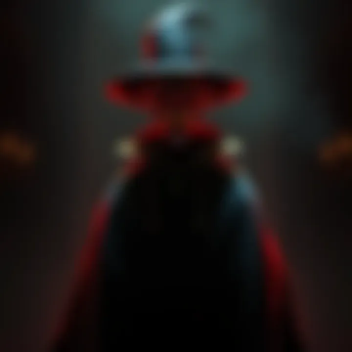 A dark and twisted character with a sinister smile, wearing a long cloak and a hat, standing in a shadowy background that reflects their vile nature.