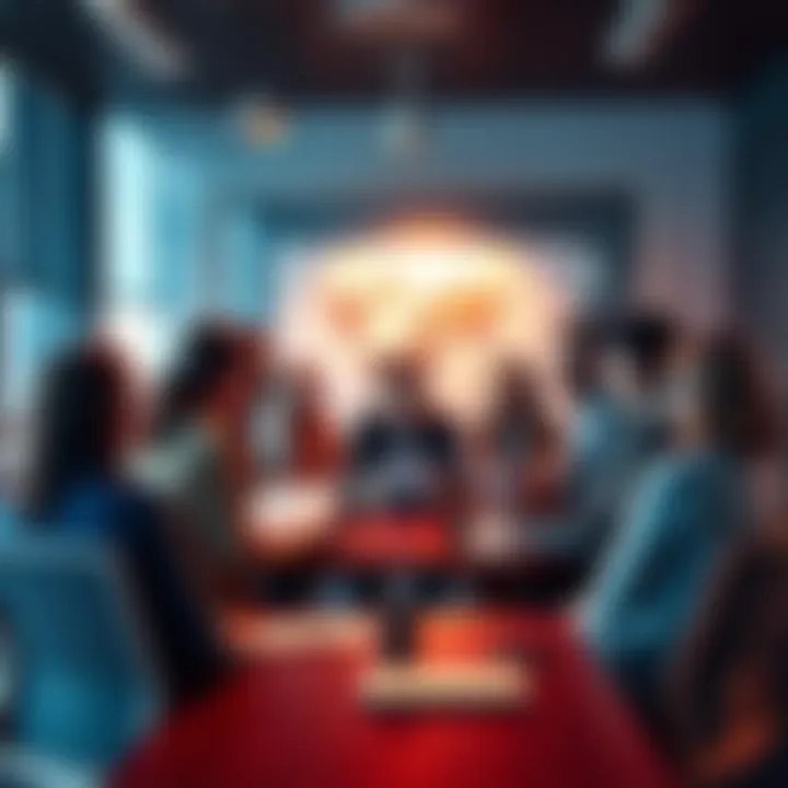 A group of diverse people discussing a proposal for public ownership in AI firms, showing charts and documents in a meeting room.