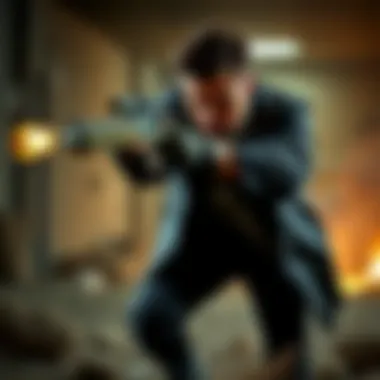 Punisher in action during a falling shot with intense focus and determination.