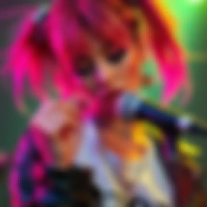 A punk-themed female singer with colorful hair and bold makeup performing with a microphone.