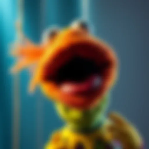A colorful puppet resembling Muppet characters with a moving jaw, synchronized with audio cues.