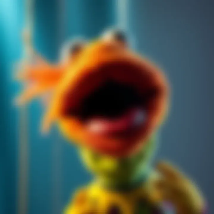 A colorful puppet resembling Muppet characters with a moving jaw, synchronized with audio cues.