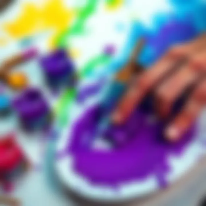 An artist's hands mixing purple paint on a palette, creating unique textures for art projects.