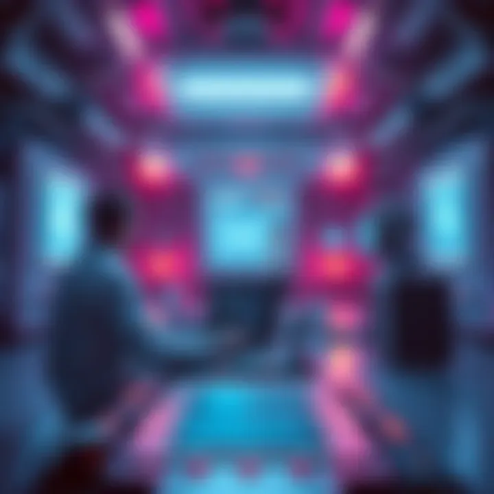 A player interacts with a digital interface inside a strange facility, surrounded by high-tech equipment and AI elements, symbolizing the challenge of the game IN & OUT.