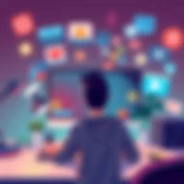 Puzzle games promoting critical thinking An illustration showing a person playing a puzzle game on a computer, with various game icons like Portal and Baba Is You surrounding them, highlighting critical thinking.