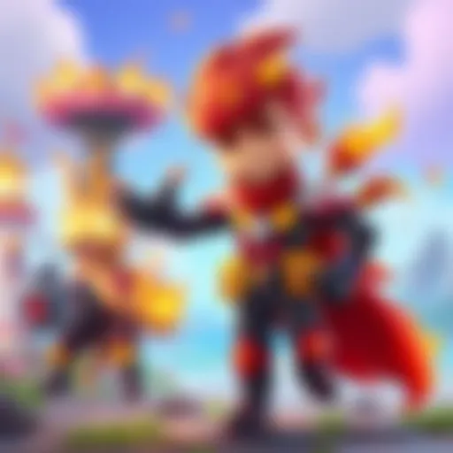 A cartoon character named Pyro, with fire-themed abilities, stands confidently in a colorful PvPvE game environment, showcasing his strength and skills.