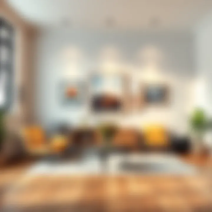 A digital mockup showing various picture frames in an interior setting, with furniture and lighting adjustments, illustrating the concept of automating art framing.