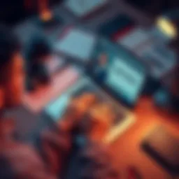 A person typing on a laptop surrounded by notes and tools for content creation.
