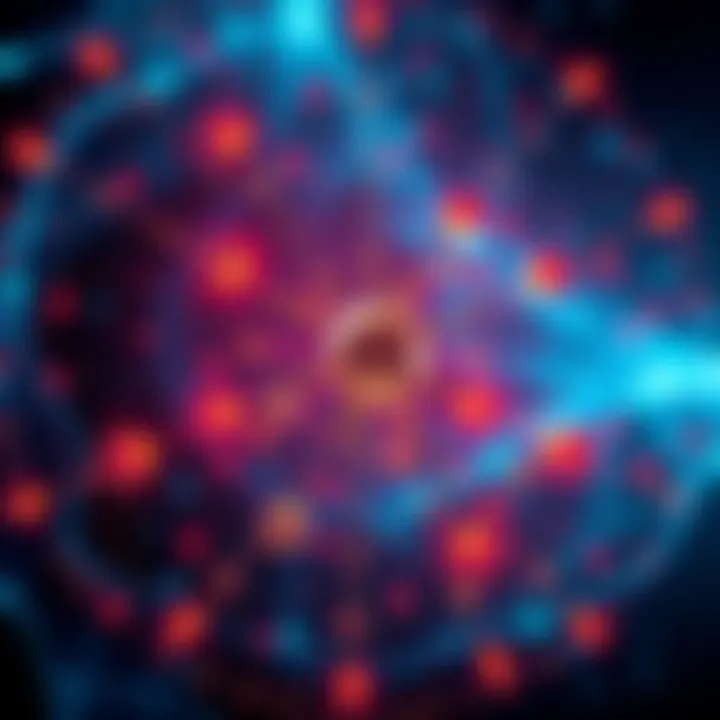 Quantum Entanglement Illustration A visual representation of quantum entanglement showing particles linked across higher dimensions, with arrows indicating interaction and measurement effects.