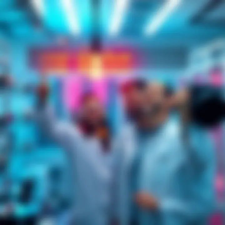 Scientists celebrating a major breakthrough in quantum computing with lab equipment in the background