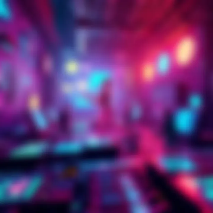 Quantum Computing Game Trailer Scene A vibrant scene from a quantum computing game trailer showing colorful puzzles and characters in a digital world.