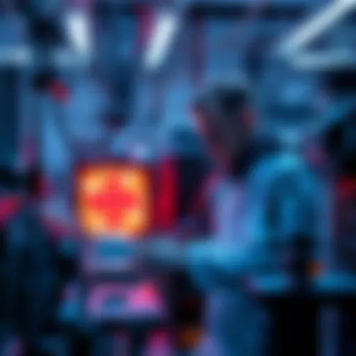 A researcher working on quantum technology with complex equipment in a lab