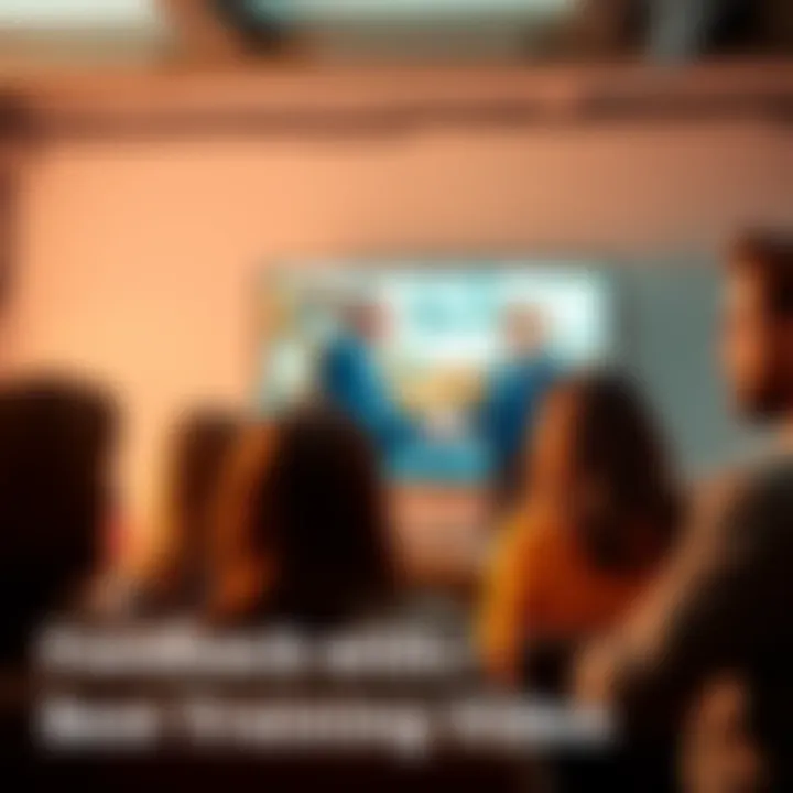 Team watching training video Group of employees watching a training video on a screen, discussing feedback and opinions about its content.