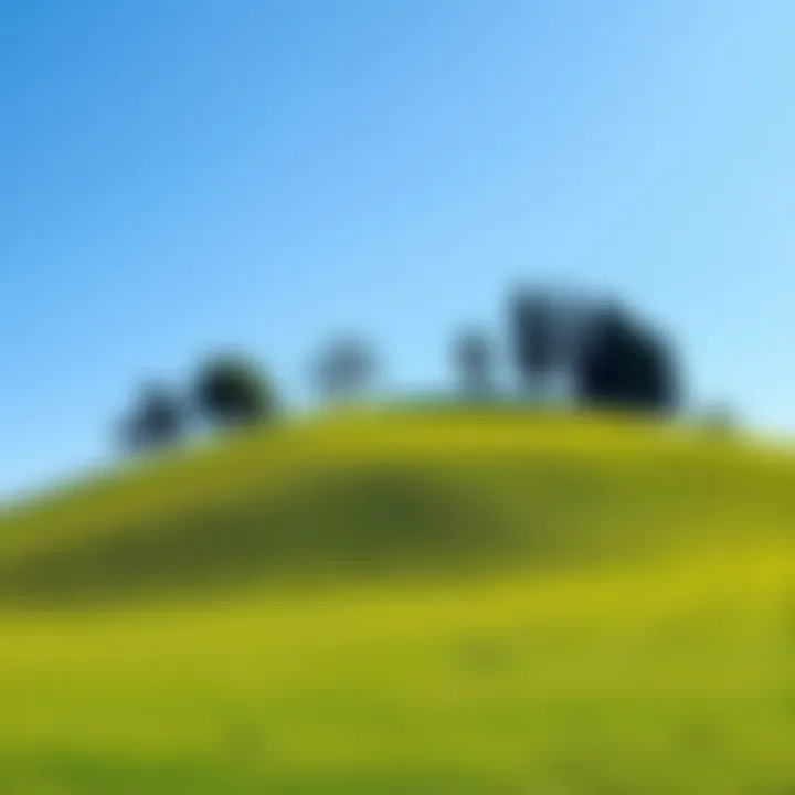 A serene hill covered in green grass and trees under a clear blue sky, suggesting hidden stories beneath the surface.