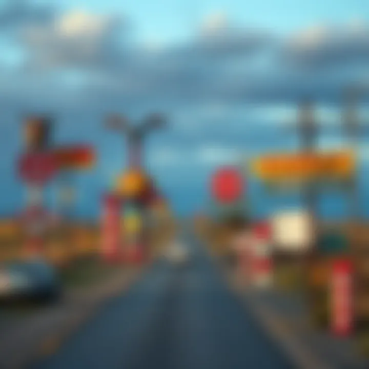 A colorful, unusual roadside attraction with quirky sculptures and signs along a rural route.