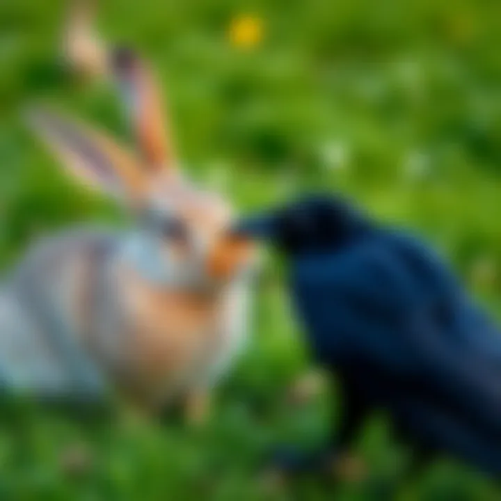 Rabbit and Crow Interaction A rabbit and a crow interact in a grassy field, showcasing their unique relationship.