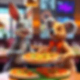 A female rabbit and a male koala arguing over pizza toppings in a restaurant, while a golden retriever waiter holds a carrot pizza