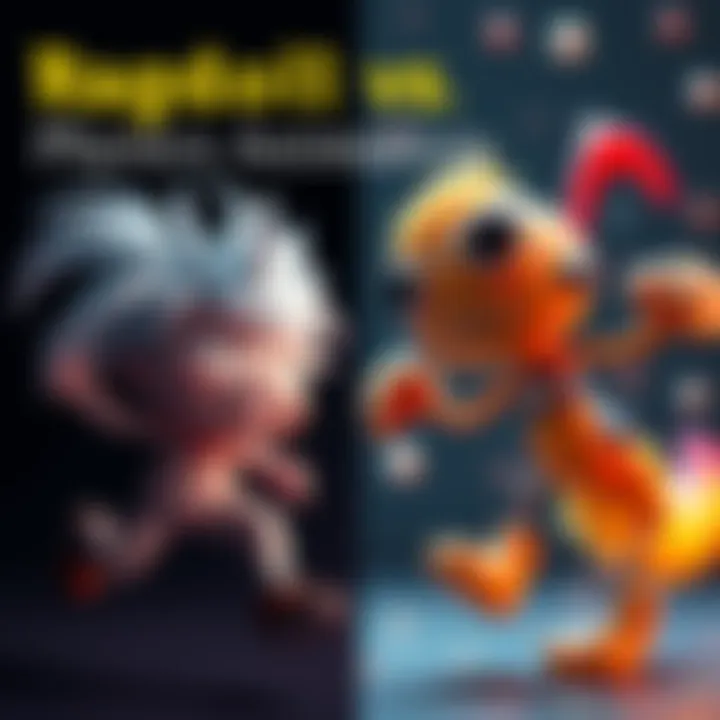 Visual comparison of a ragdoll character and a physics-based animated character illustrating their differences in movement and style.