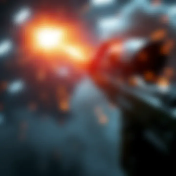 Railgun firing effect A powerful railgun shoots a bright beam with a glowing particle trail, showcasing dynamic energy and visual impact in a shooter game.