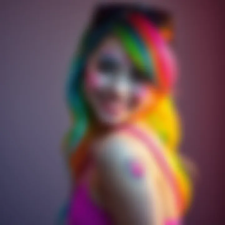 A digital art piece showing a personal photo transformed into a colorful Rainbow Brite character, featuring vibrant hues and a whimsical style, along with a unique thigh tattoo.