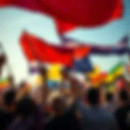A diverse group of people holding colorful flags together, symbolizing unity and collaboration for a common cause.