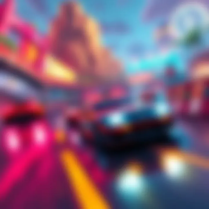 A colorful representation of the aesthetic design for a new arcade rally game, featuring cars racing on a dynamic track with vibrant environments.