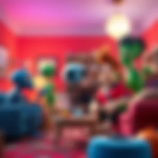 A quirky alien named Ralph interacting humorously with Earthlings in a colorful living room setting.