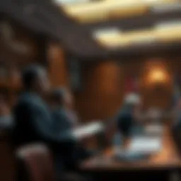 Courtroom scene with lawyers discussing a lawsuit against Samsung, SK Hynix, and Micron for price-fixing in the RAM market.