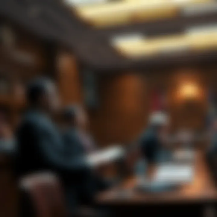 Courtroom scene with lawyers discussing a lawsuit against Samsung, SK Hynix, and Micron for price-fixing in the RAM market.