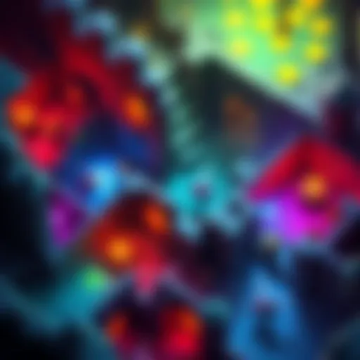 A vibrant video game scene showing randomly generated dungeon layouts with various monsters and treasures