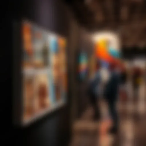 Photographer Rankin stands beside a display of AI-generated artwork at his exhibition, engaging with visitors and sparking discussions on ethics in photography.