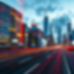 A fast-paced city skyline with digital elements representing technology and business growth