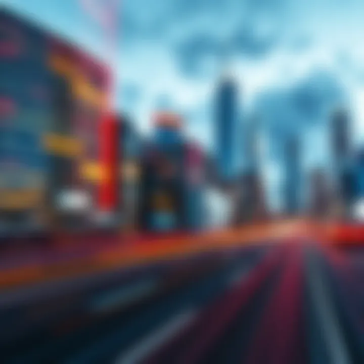 A fast-paced city skyline with digital elements representing technology and business growth