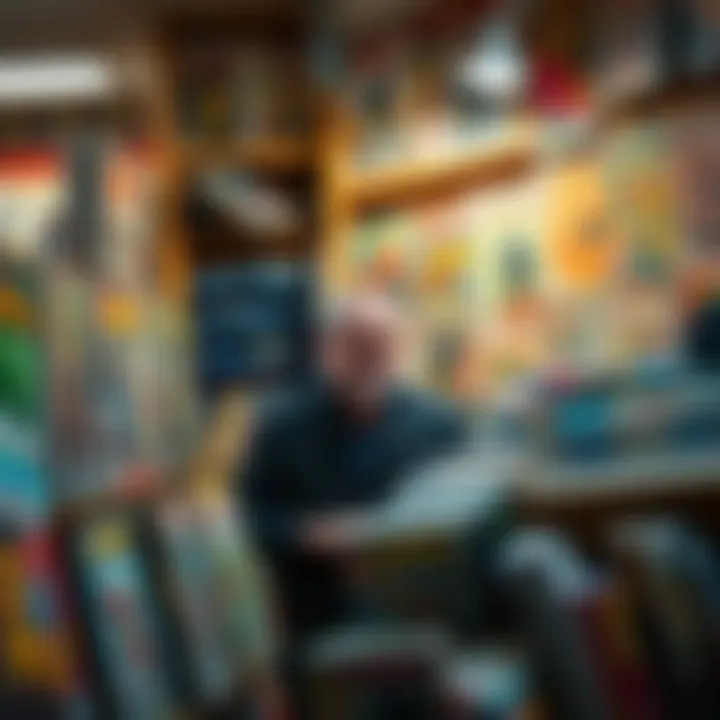 A seller showcases a collection of rare comics in their shop.