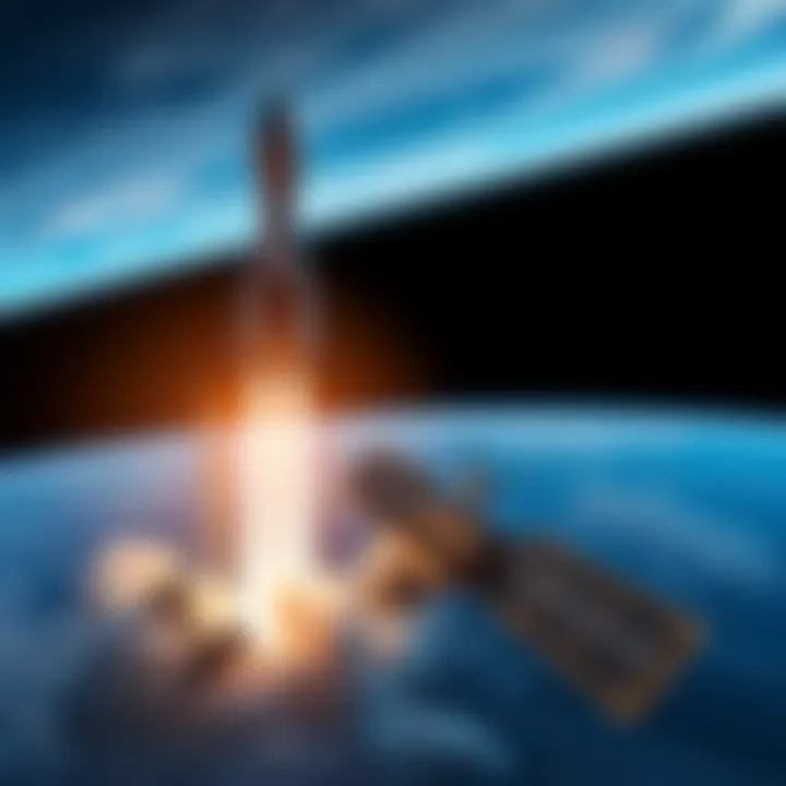A high-tech satellite being launched into space, representing Russia's new Rassvet project for global internet access.