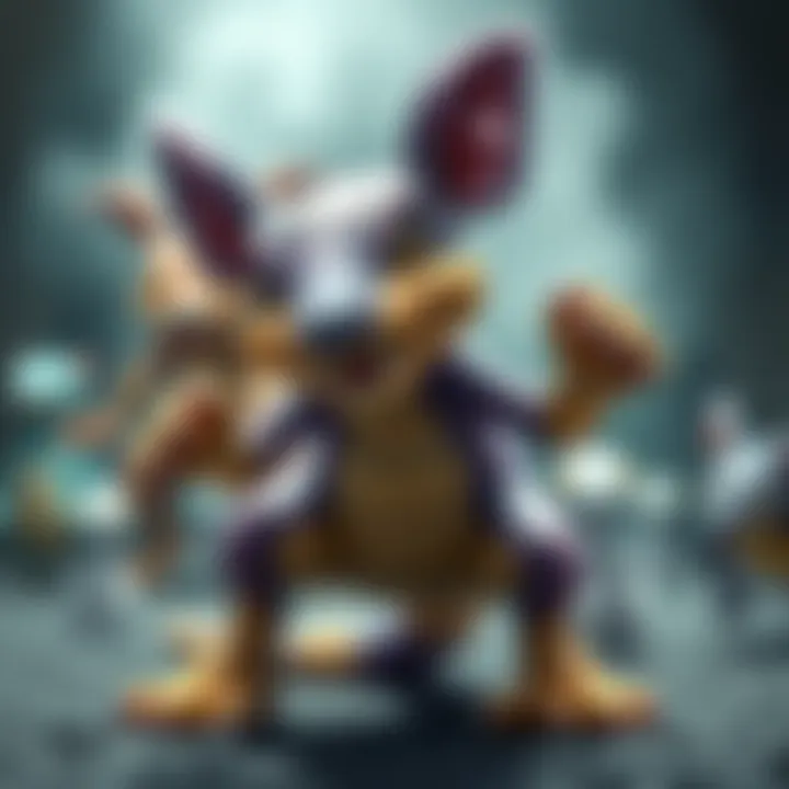 A Rattata stands ready for battle, showcasing its purple fur and sharp teeth, with a background that suggests an intense Pokémon battle scene.