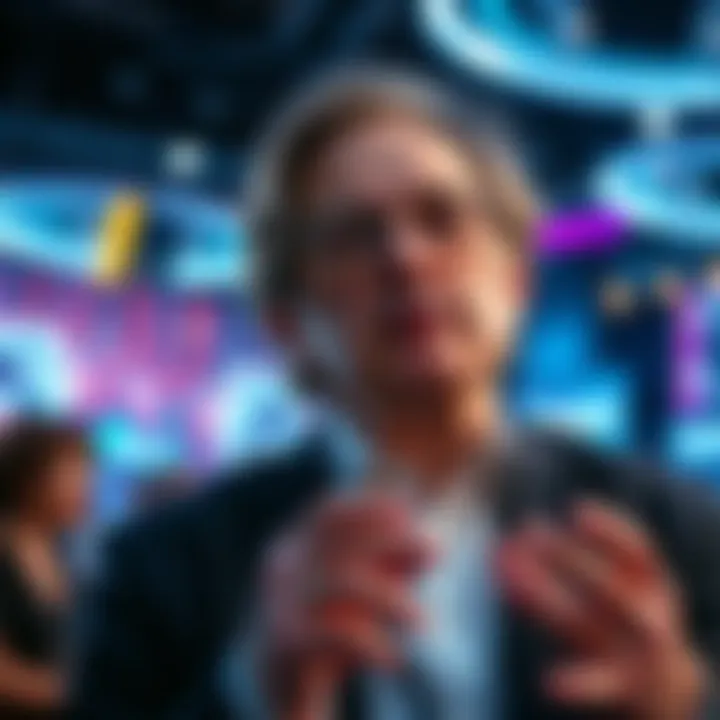 Ray Kurzweil speaking at a tech conference, with futuristic visuals in the background.