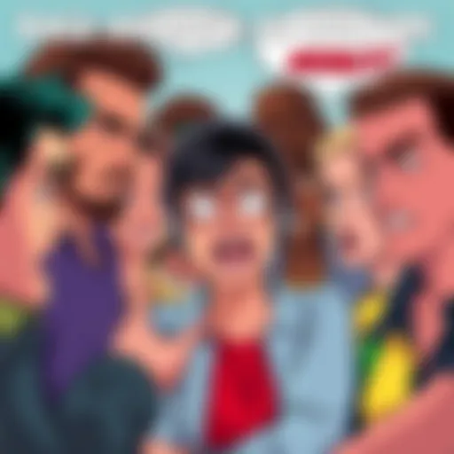 A group of diverse people discussing a comic about AI, showing expressions of surprise and anger, with some animated speech bubbles indicating heated debate.