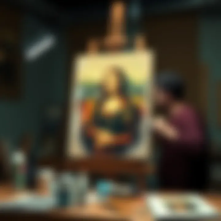 An artist painting a real-life version of the Mona Lisa, showing a canvas with a half-finished artwork, surrounded by art supplies.